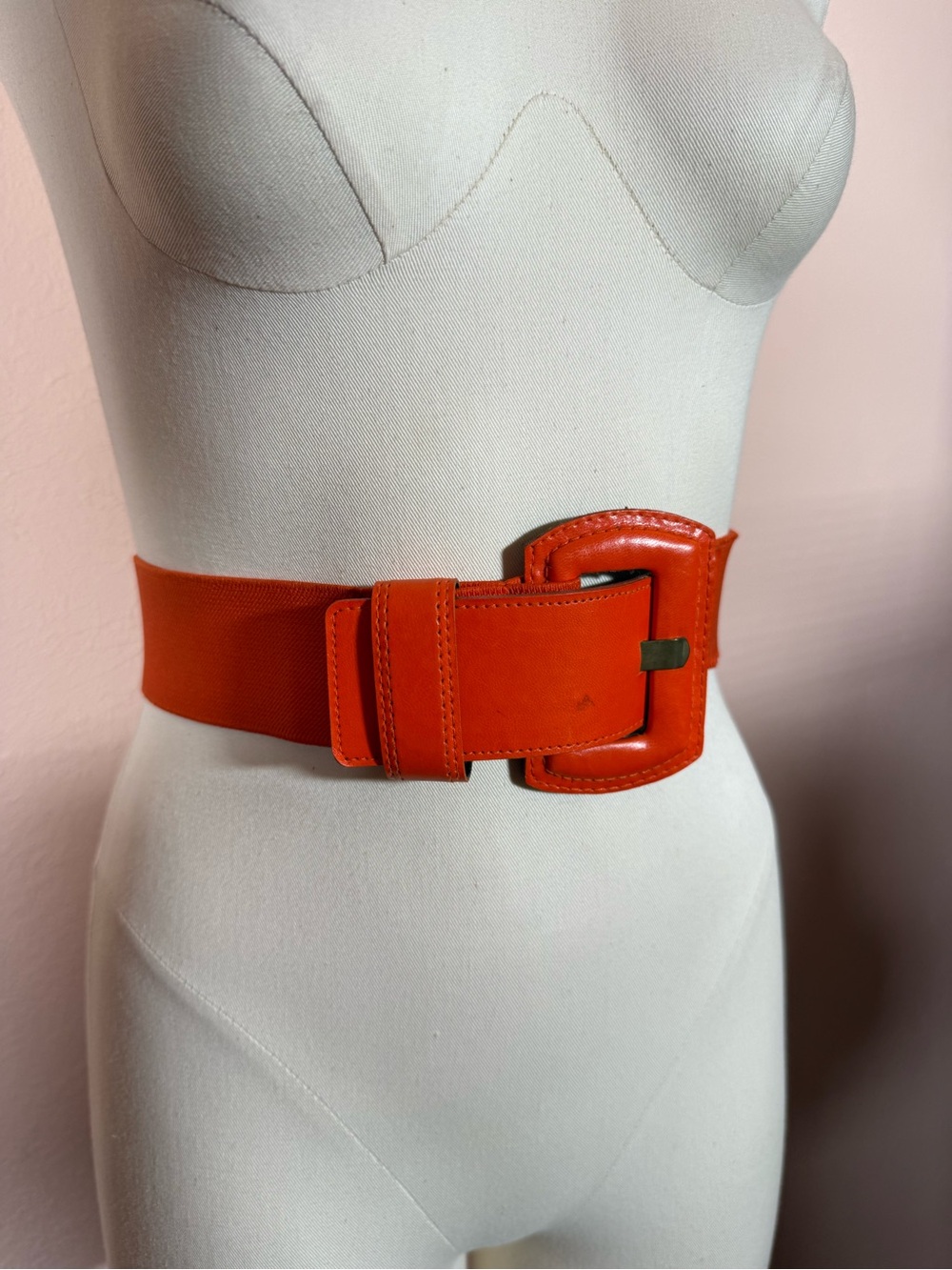 Vintage 1990’ orange leather elastic back minimalist corset wide Belt 27 to 34